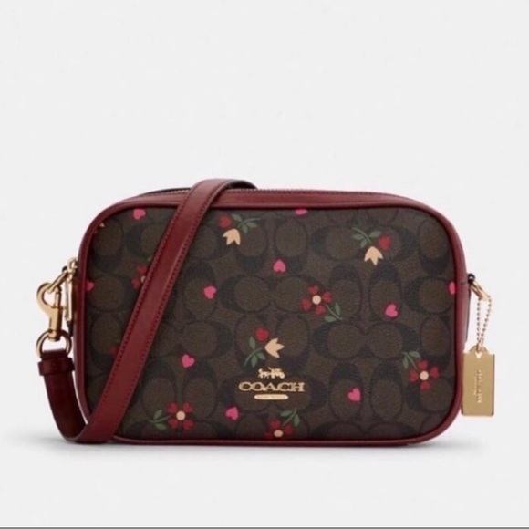 Coach Handbags - Coach Jes Red Leather Crossbody In Signature Canvas With Heart Petal Print